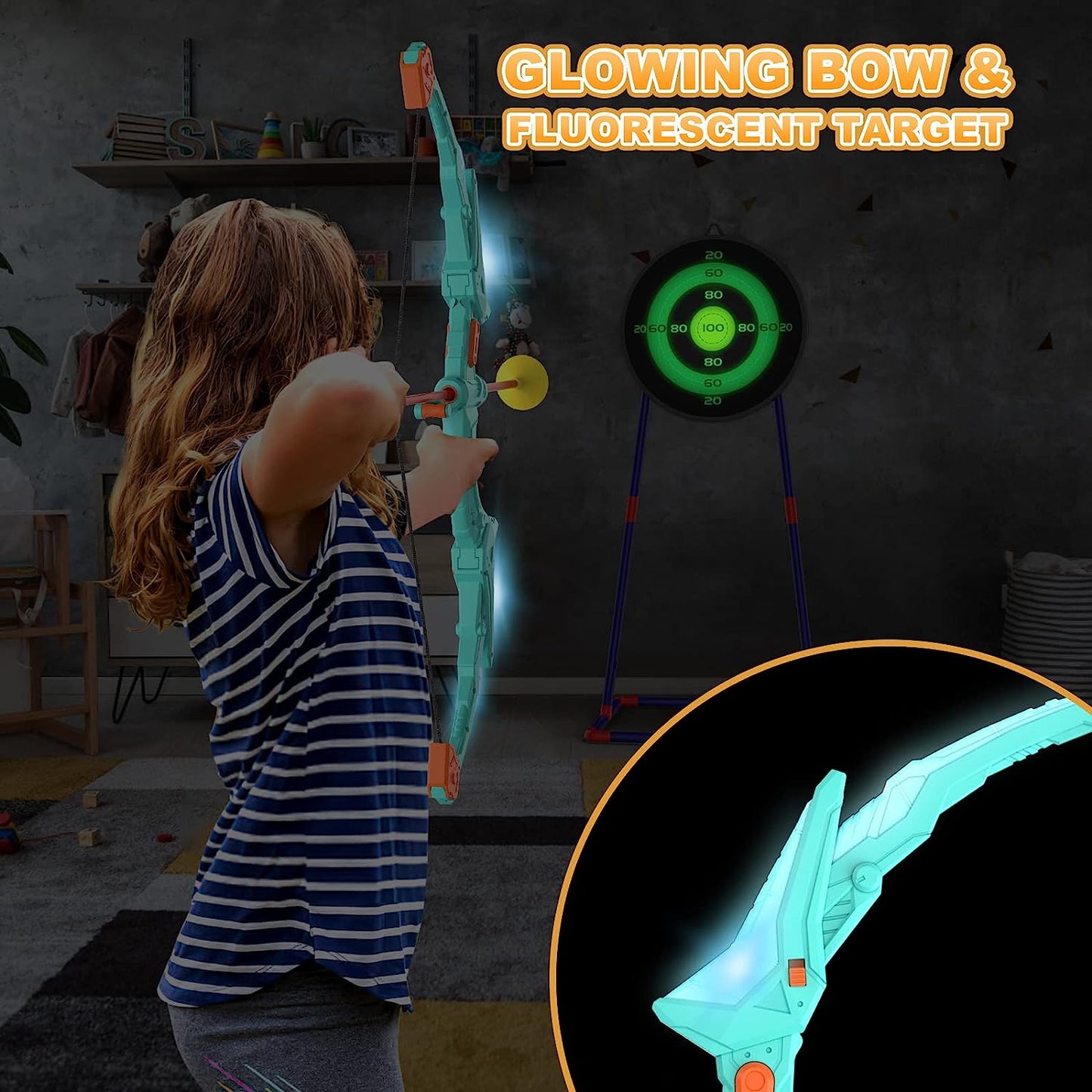 Bow and Arrow Set with LED Flash Lights, 2 Pack Kids 14 Suction Cup Arrows and Fluorescence Standing Target-Perfect Indoor and Outdoor Archery Set Toy Gift for Boys and Girls Ages 4-12