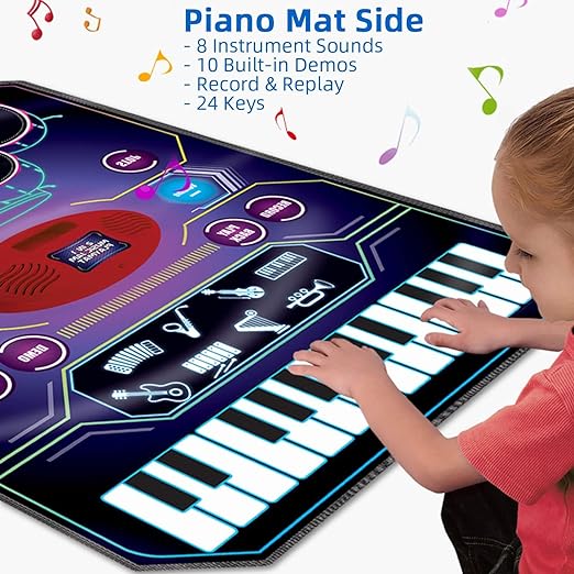 Drum Set + Piano Mat, 2 in 1 Kids Music Learning Toys for Boys Girls, Record & Playback, 24 Keys, Christmas Birthday Gifts for Toddler 3 4 5 6 7 8 Years, 8 Instrument Sounds - Toyigo