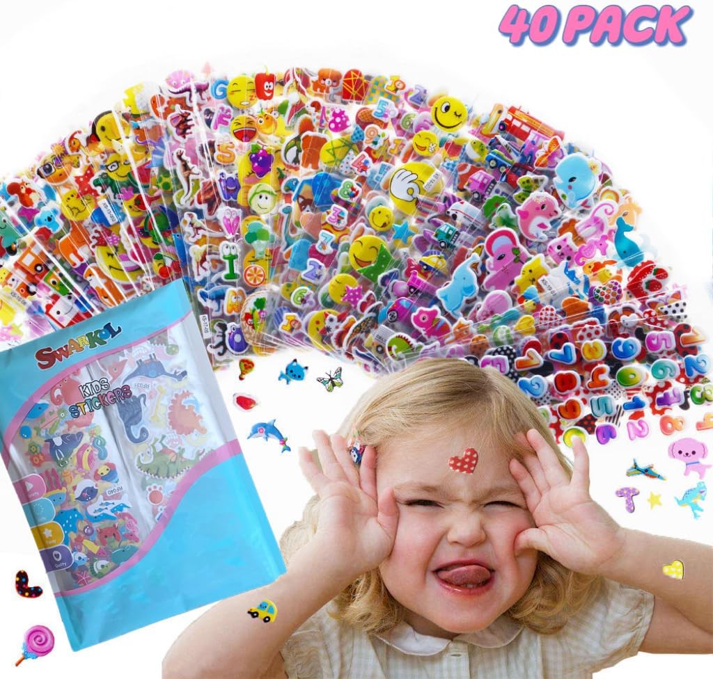 3D Puffy Stickers 40 Different Sheets, Cute Stickers Variety Pack for Kids Scrapbooking, Stickers for Kids 1000+, Gifts, Rewards Including Animals, Stars, Fishes, Hearts, Dinosaurs, Cars and More