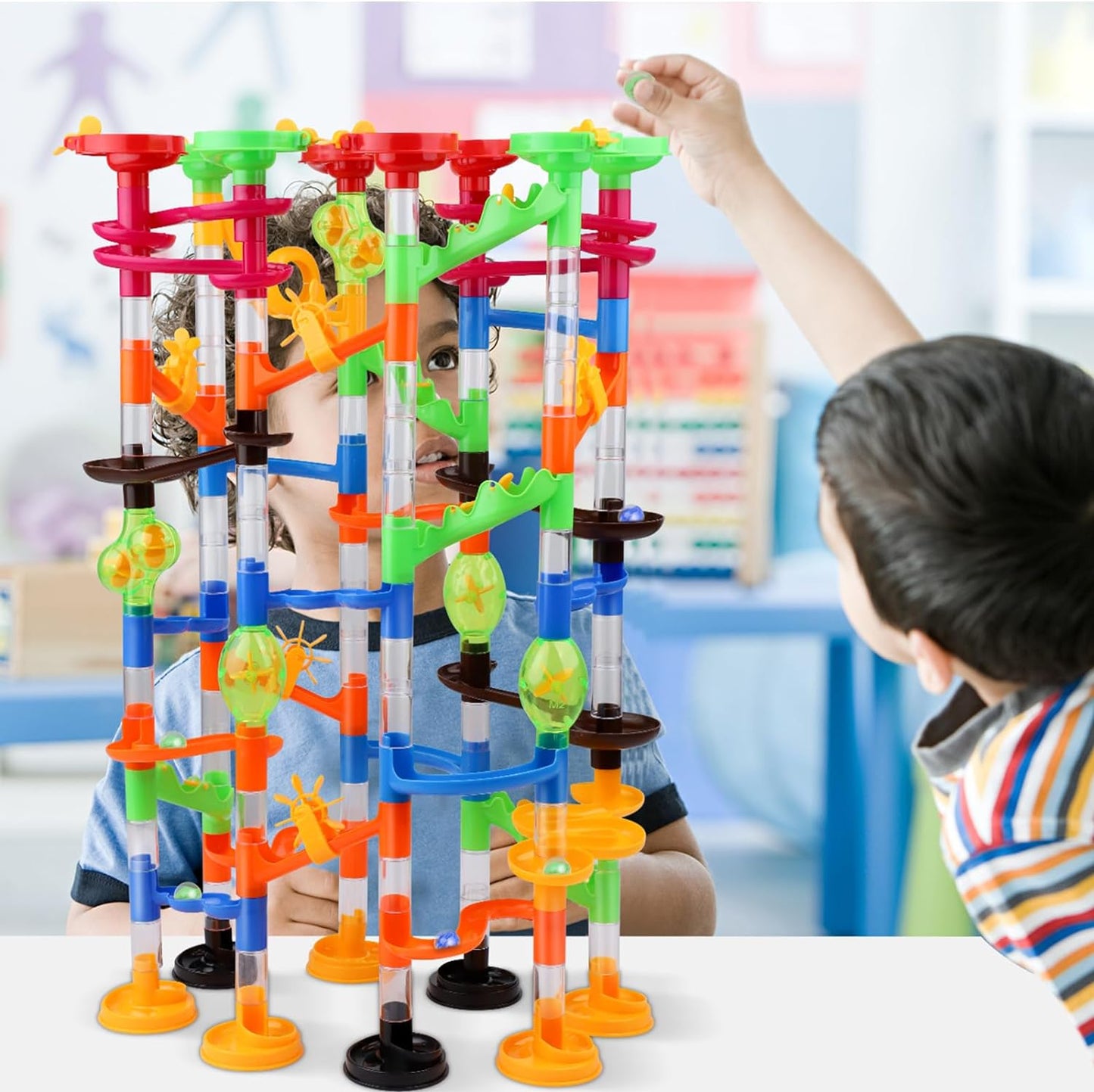 Marble Run Toy, 168Pcs Educational Construction Maze Block Toy Set, STEM Learning Building Block Toy for Kids and Parent-Child Game(136 Translucent Plastic Pieces + 32 Glass Marbles)