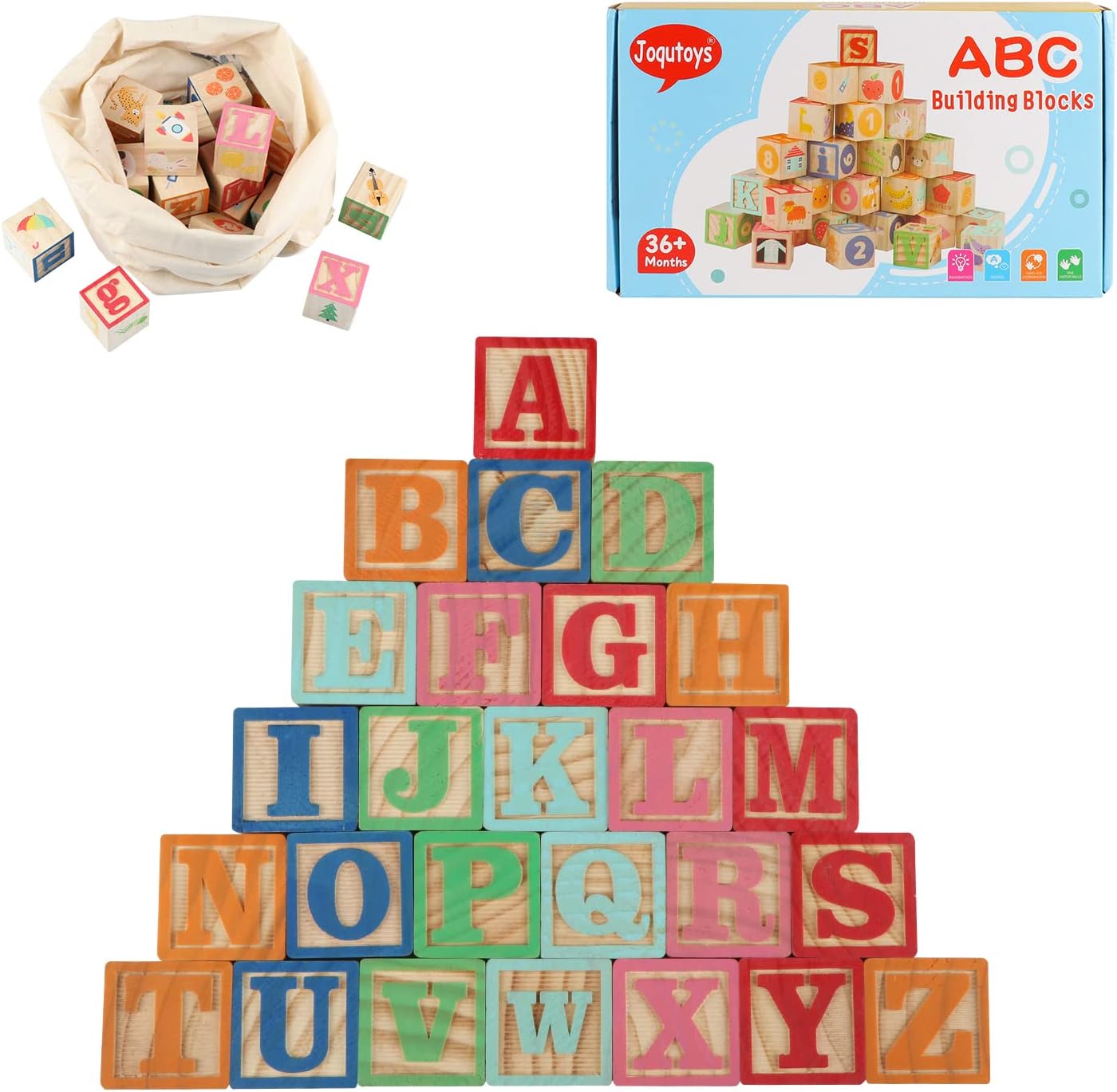 ABC Wooden Building Blocks for Toddlers 1-3 Large, 26 PCS Alphabet & Number Stacking Blocks, Educational Learning Toys for Boys Girls Kids Gifts 1.65''