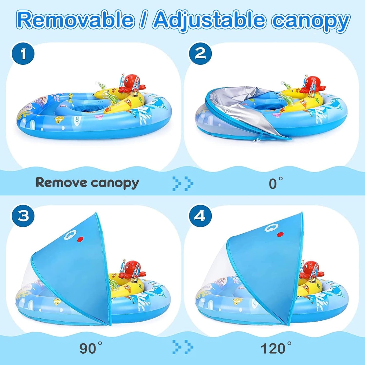 Baby Pool Float with Canopy UPF50+ Sun Protection, Inflatable Pool Float with Ocean Animal Toys for Babies 6-36 Months, Infant Swimming Float with Adjustable Safety Seat Boys Girls for Kids Toys