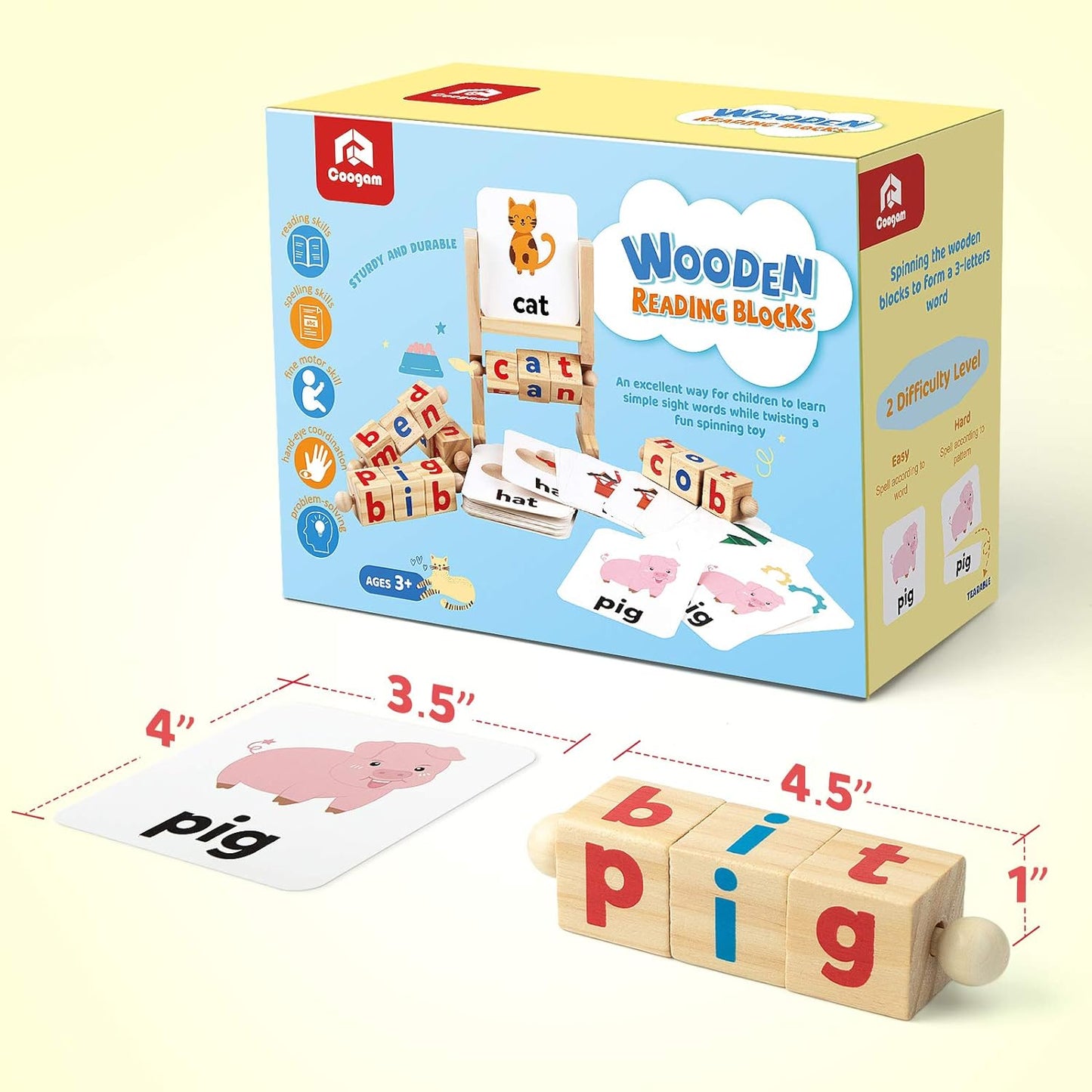 Wooden Reading Blocks Short Vowel Rods Spelling Games, Flash Cards Turning Rotating Letter Puzzle for Kids, Site Words Montessori Spinning Alphabet Learning Toy for Preschool Boys Girls - Toyigo