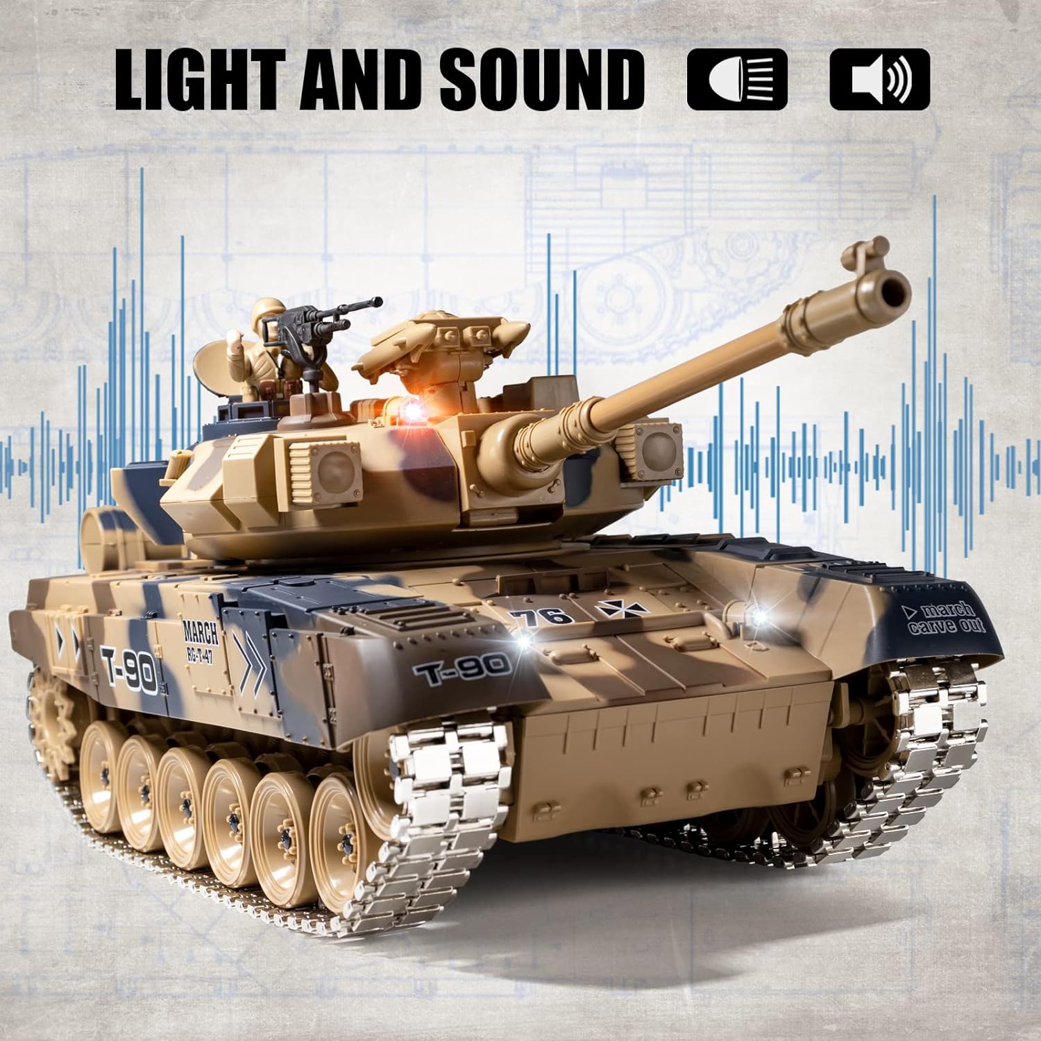 RC Tanks, 2.4Ghz RUS T-90 Army Tank  with Smoke, Light &Sound, 1:18 Aluminium Alloy Tracks, Remote Control Model Tank Toys, RC Military Vehicle That Shoots BBS, Water Bullets for Adult and Kids - Toyigo