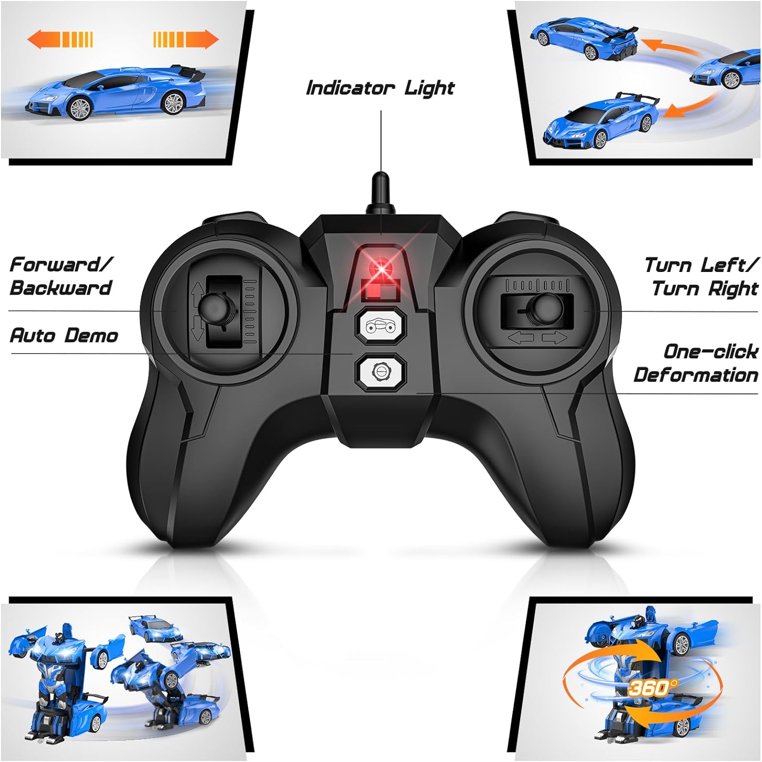 Remote Control Car, Transform Robot RC Cars, Cool LED Headlights, 2.4Ghz Toys Car, 360 Degree Rotation and One-Button Deformation, Christmas Birthday Gifts for Boys Girls - Toyigo