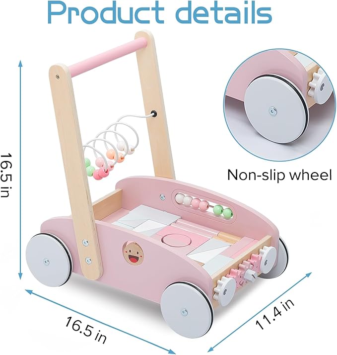 Wooden Baby Walker, Push Toys for Babies Learning to Walk, Shopping Cart for Kids Garden Wagon and Play Set with Abacus Blocks, Push and Pull Learning Walking Educational Gift for Toddler Boy