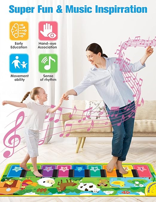 Floor Piano Playmat for Toddlers, Baby Musical Learning Toys, Animal Flash Cards Music Sound, Education Touch Keyboard Blanket, Birthday for Baby Boys Girls - Toyigo