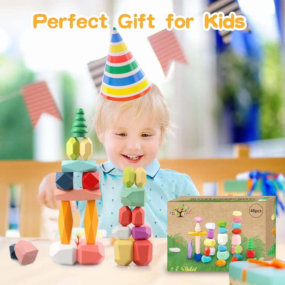 Wooden Stacking Building Blocks, 48PCS Montessori Toys 1 2 3 4 5 6 Year Old Girls Boys Preschool Educational Sensory Toys for Toddlers 1-3 STEM Learning Toys Ages 2-4 Kids Games Gift