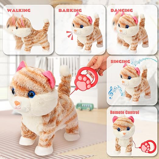 Electric Musical Cute Kitty Toy Remote Control Walking Nodding Pet Cat Stuffed Animal Meows Wags Tail Plush Interactive Gifts for Kids,9.5"