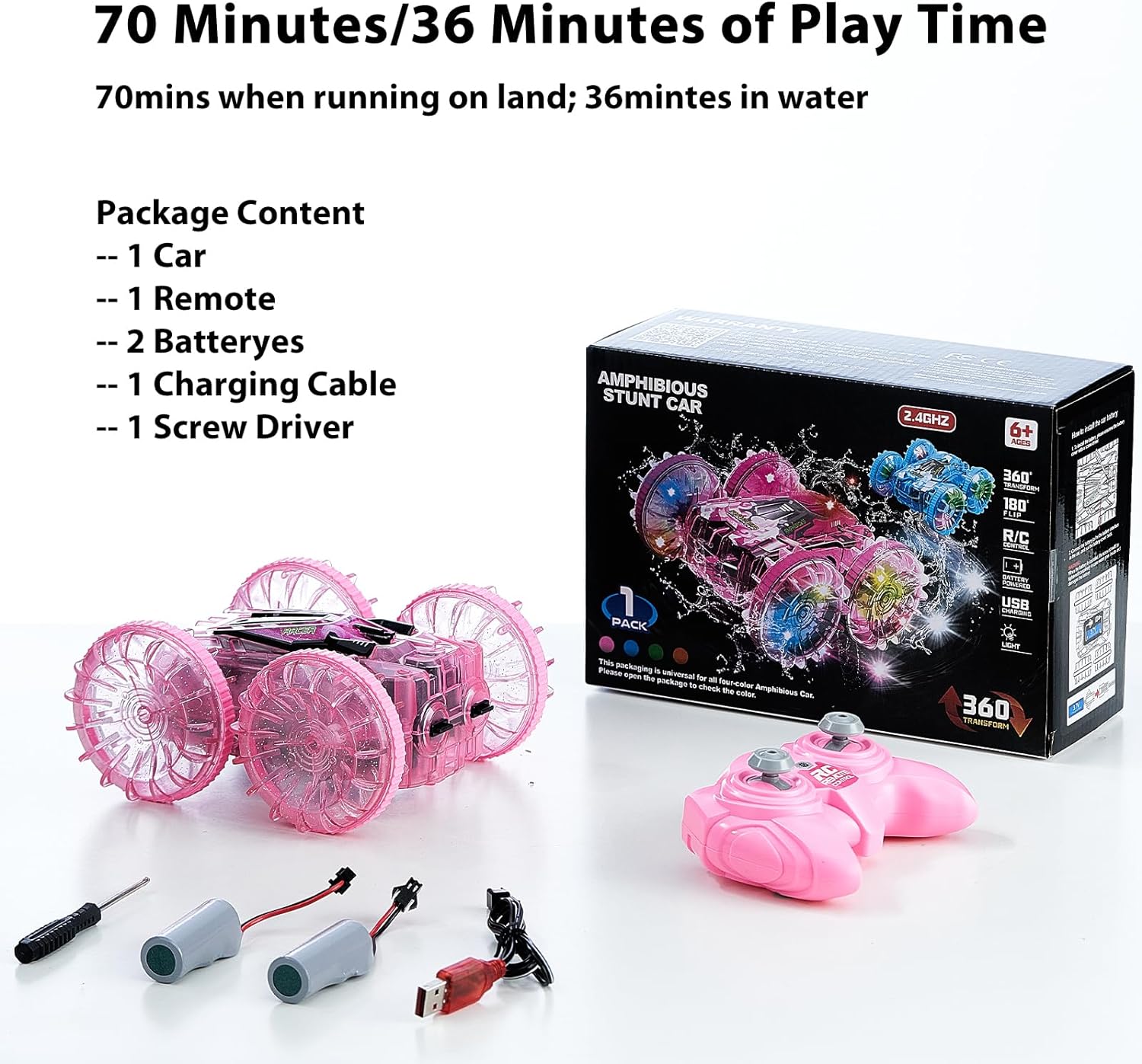 Stunt Car, Remote Control Car for Water or Land Play, Pink Pool Toys with 2Batteries 70/36Minutes, 360øRotation,180øFlip,2.4GHz RC Car with LED Lights Remote Control Car for Kids - Toyigo