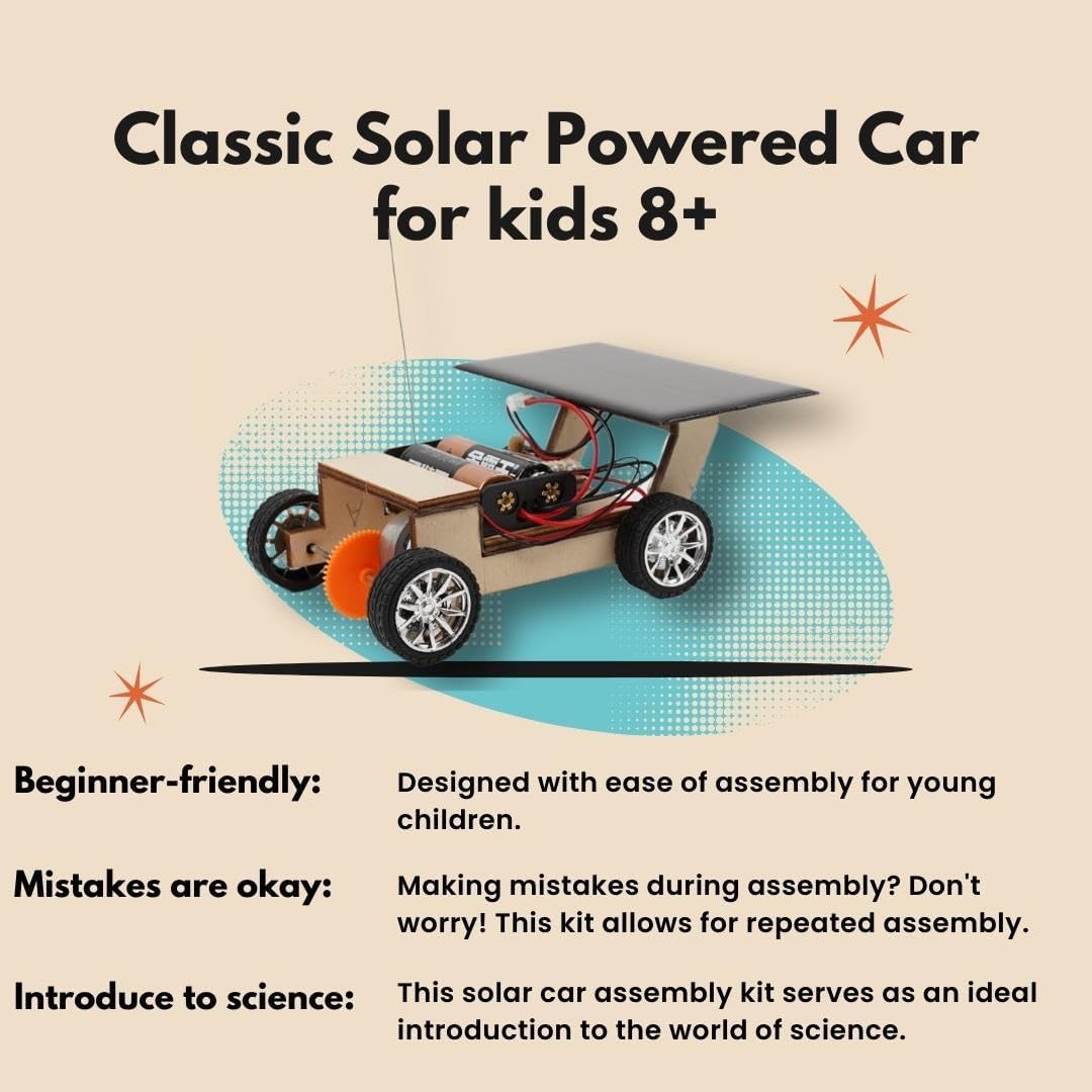 Solar-Powered Car V1, Wooden STEM Kit with Wireless Remote Control for Boys and Girls, Hybrid Powered by Solar Power and Batteries, Educational Motor Toy Gift for Kids Aged 8-12