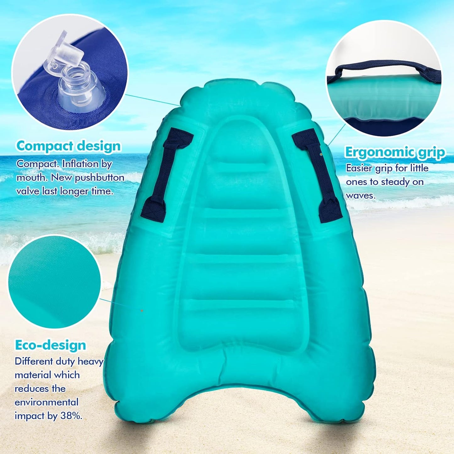 Inflatable Surf Body Board with Handles, Lightweight Swimming Floating Surfboard Aid Mat Learn to Swim, Beach Safety Theme Surfing Swimming Summer Water Fun Toy for Both Kids and Adult