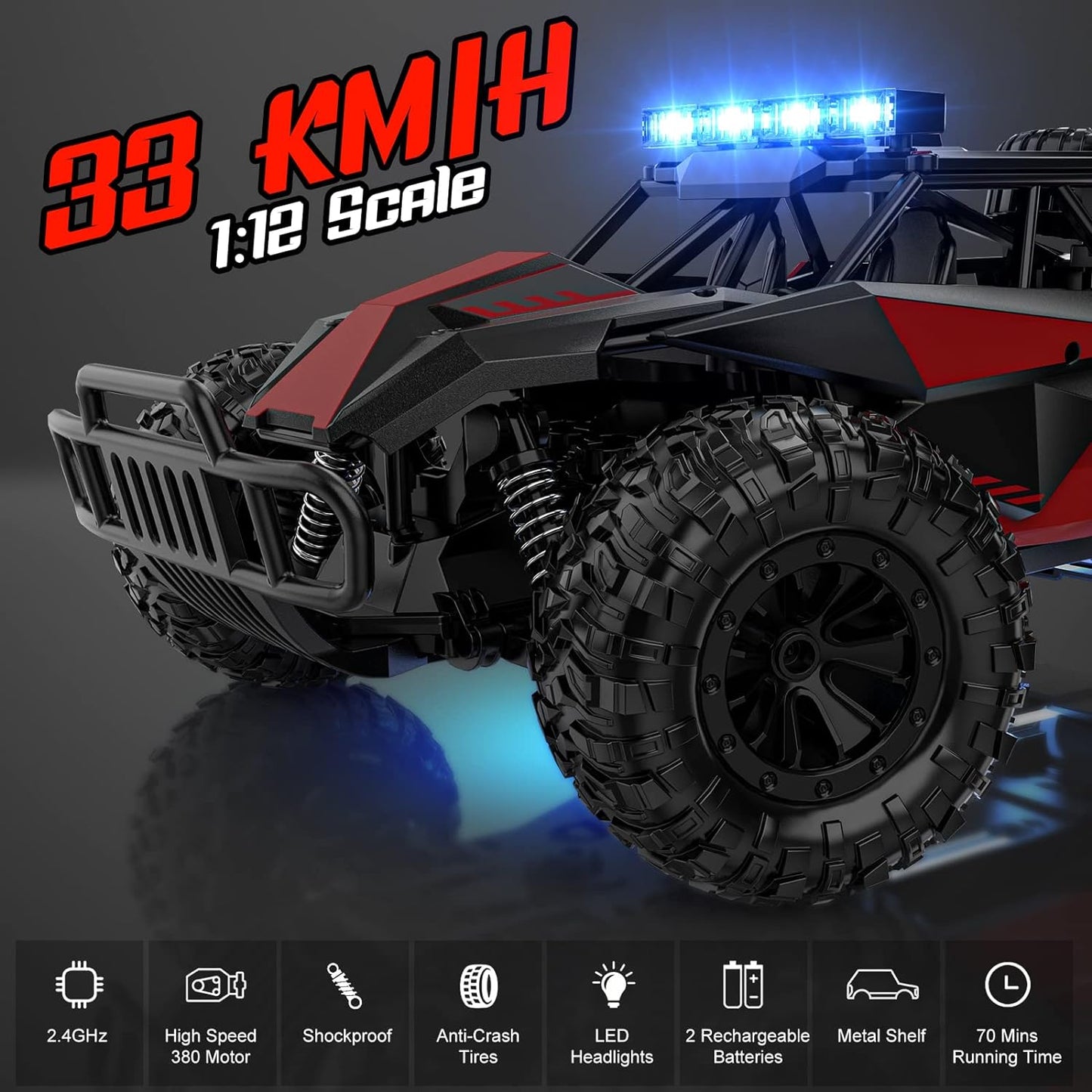 Remote Control Car, 2.4GHz High Speed 33KM/H RC Cars Toys, 1:12 Monster RC Truck Off Road, with LED Headlight and Rechargeable Battery Gifts for Adults Boys 8-12 - Toyigo