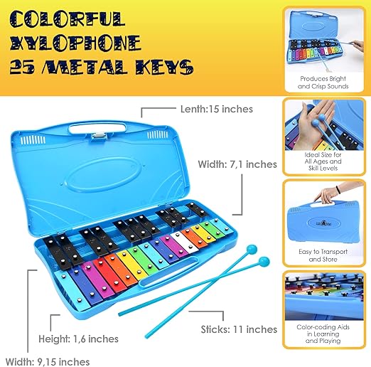 Glockenspiel Xylophone, 25 Note Colorful Metal Keys Xylophone for Kids, Percussion Musical Instrument, Includes Music Songbook with 20 Songs, Blue Carry Case - Toyigo