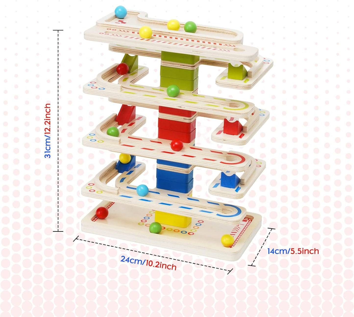 Educational Learning Toys, Wooden Marbles Run Ball Drop Toys, 8-Tier Rolling Tower Toys with 16 Balls Ramp Whirling Game Educational Learning Toys for Gifts 3 4 5 6 7 8 Years Toddler Boys Girls