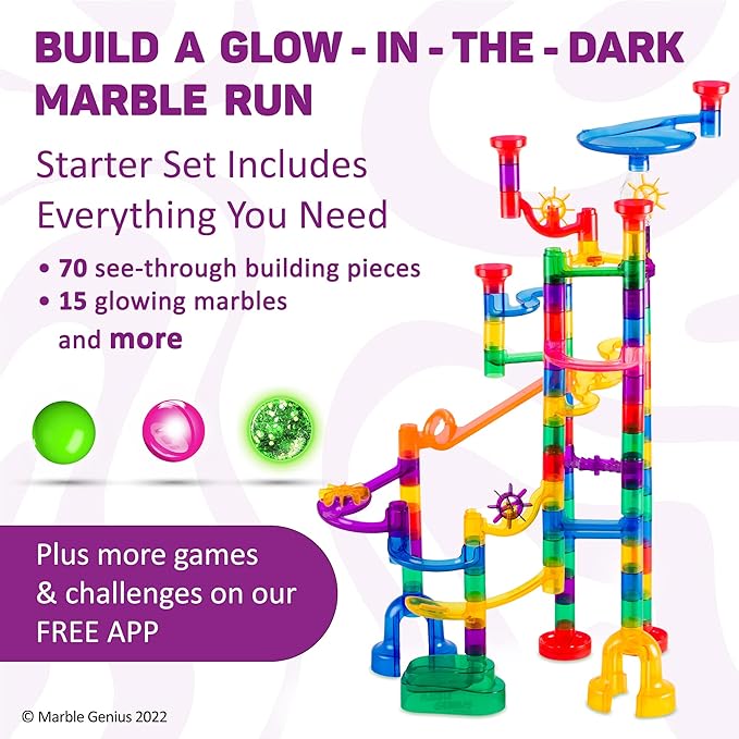 Marble Glow Run Race Track Set, 115 pcs, Glow in The Dark, STEM Educational Building Block, Instruction App Access, Color Instruction Manual, Great Easter Gifts for Kids, Starter Set