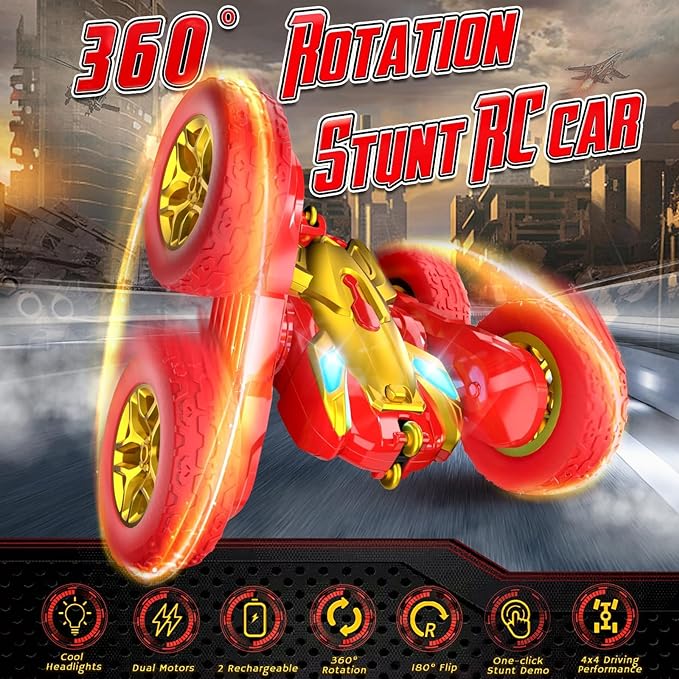 Remote Control Car, 2024 New RC Stunt Cars Toys Double-Sided 360ø Rotating with Headlights 4WD Kid Toys for Ages 5-7 - Toyigo