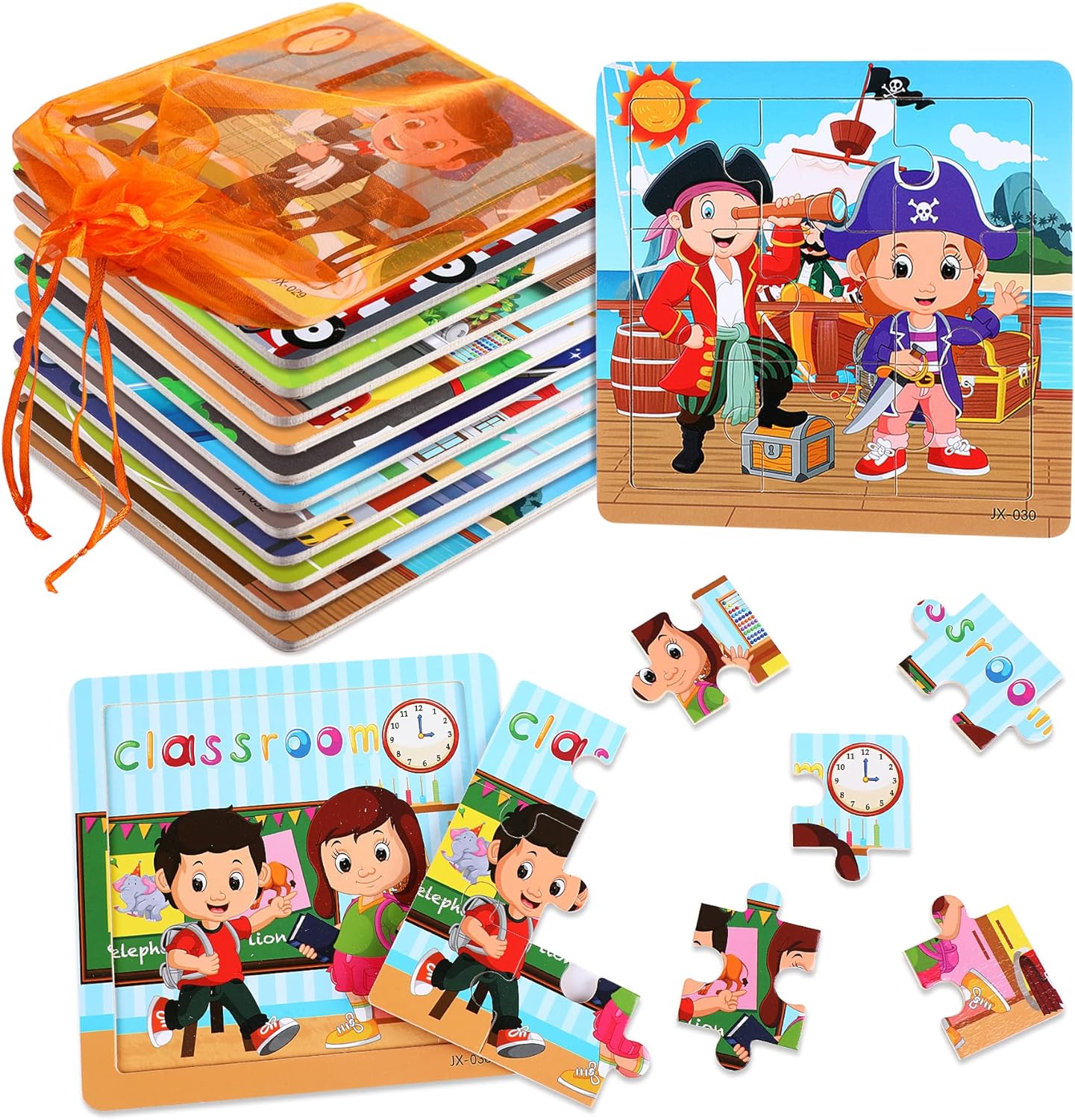 12 Pack Jigsaw Puzzles, Toddlers Wooden Animals, Jigsaw Puzzles 9 pcs, 12 Organize Bags for Kids, Ages 2 3 4 5 Preschool Educational Puzzles, Learning Travel Toys, Boys and Girls