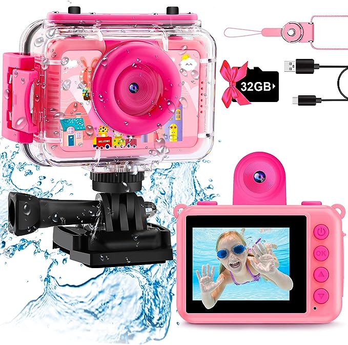 Kids Waterproof Camera - Underwater Camera Birthday Gifts for Girls Boys Children Digital Action Camera with 32GB SD Card, Pool Toys for Kids Age 4 5 6 7 8 10