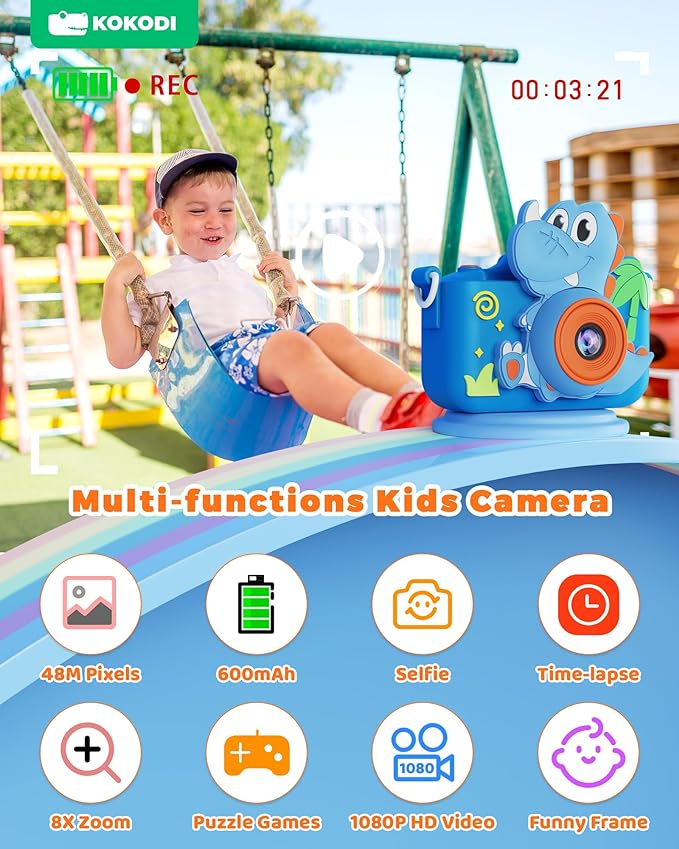 Kids Camera Toy Digital Camera for Kids, Dinosaurs Birthday Gifts for Boys Age 3-12, 1080P HD Video Camera for Toddler, Children Toys for 3 4 5 6 7 8 9 Year Old Boys with 32GB SD Card - Toyigo