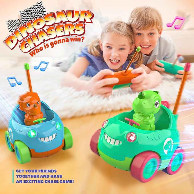 Remote Control Cars, 2 Pack Dinosaur Toddler Toys with Replaceable Dinosaur Drivers RC Cars LED Lights & Music Toys for Kids - Toyigo