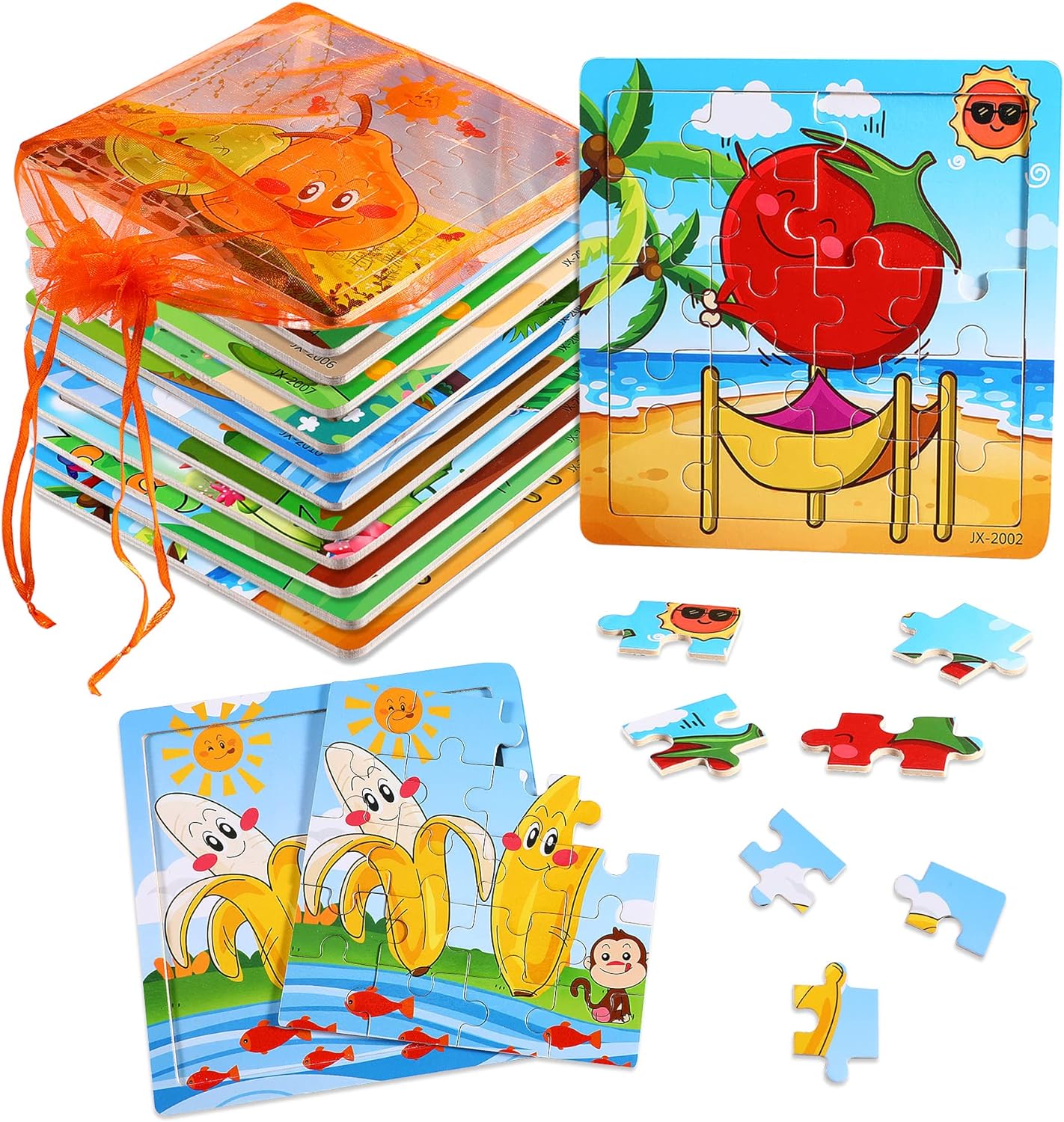 12 Pack Jigsaw Puzzles, Toddlers Wooden Animals, Jigsaw Puzzles 9 pcs, 12 Organize Bags for Kids, Ages 2 3 4 5 Preschool Educational Puzzles, Learning Travel Toys, Boys and Girls