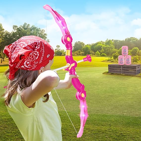 Bow and Arrow Toys for Girls 5 6 7 8 Years Old, Archery Set Includes Super Bow with LED Lights, 10 Suction Cups Arrows,Archery Set with Standing Target and 3 Target Cans, for Girls - Toyigo