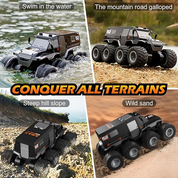 8WD Amphibious RC Car - Waterproof Off-road Truck with 2 Batteries, 1:12 Scale for Boys 8-12 & Adults"