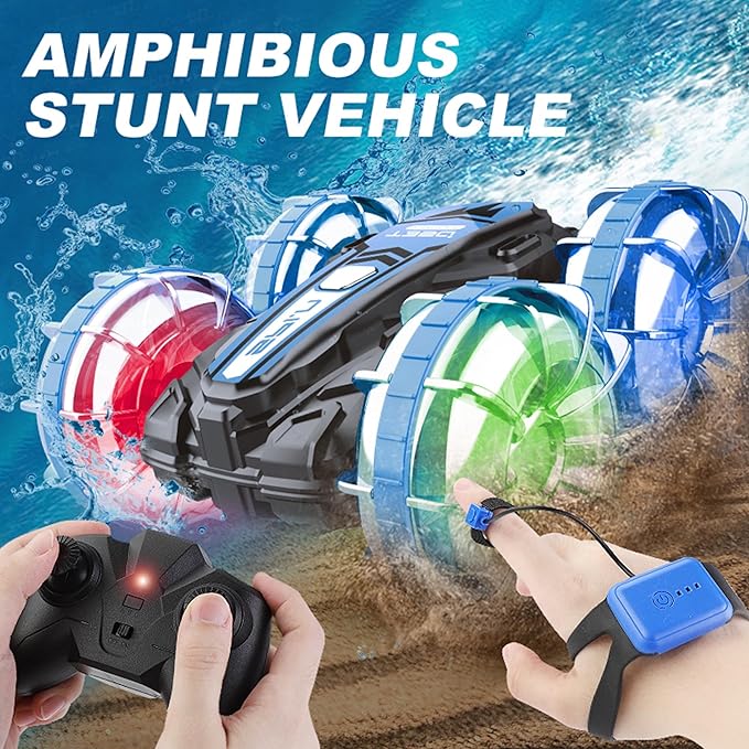 RC Stunt Car, Amphibious Remote Control Car Boat, 4WD Gesture RC Car with Waterproof Remote Control, All Terrain RC Stunt Car with LED Lights, for Boys and Girls Age 6 7 8 9 10 Years Old Pool Toys - Toyigo