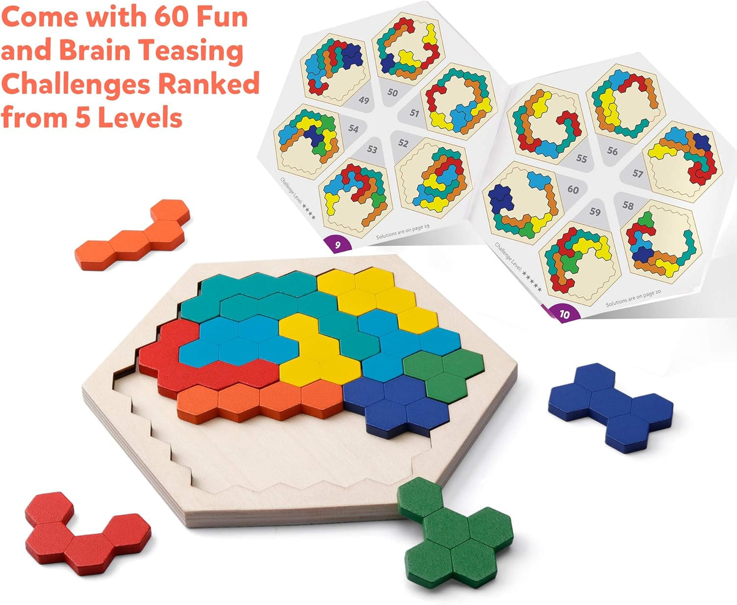 Wooden Hexagon Puzzle ? Shape and Pattern Block Brain Teaser for Kids and Adults, STEM Montessori Educational Gift, Geometry Logic IQ Game