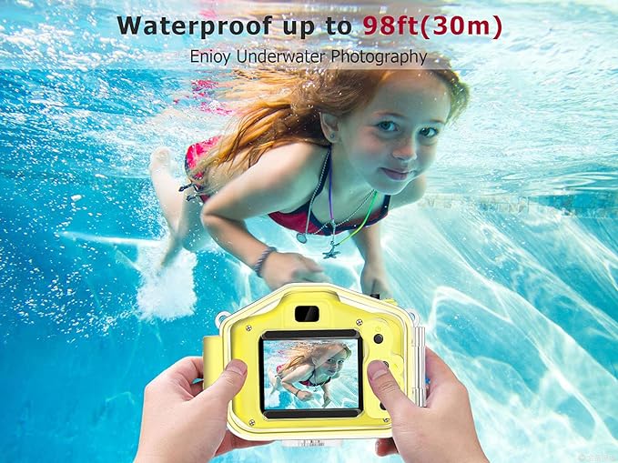 Kids Waterproof Camera Christmas Birthday Festival Gifts for Boys Girls Age 3-9, Mini Digital Cameras for Children, Portable Toddler Toys for 3 4 5 6 7 8 9 Years Old with 32GB Card (Yellow)