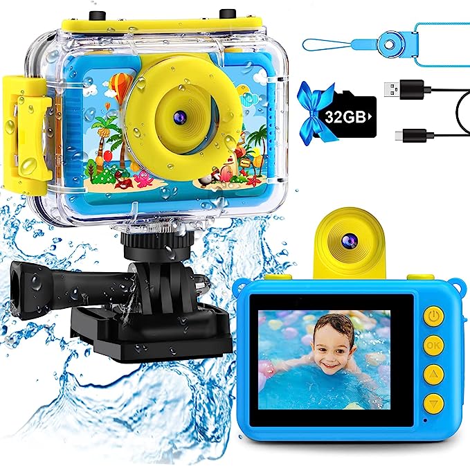 Kids Waterproof Camera - Underwater Camera Birthday Gifts for Girls Boys Children Digital Action Camera with 32GB SD Card, Pool Toys for Kids Age 4 5 6 7 8 10