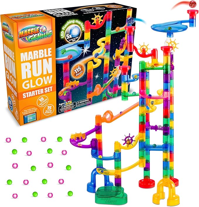 Marble Glow Run Race Track Set, 115 pcs, Glow in The Dark, STEM Educational Building Block, Instruction App Access, Color Instruction Manual, Great Easter Gifts for Kids, Starter Set