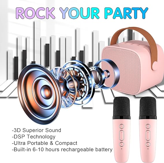 Mini Karaoke Machine for Kids Adults, Portable Bluetooth Speaker with 2 Wireless Microphones,18 Pre-Loaded Songs Toys(Lightpink) - Toyigo