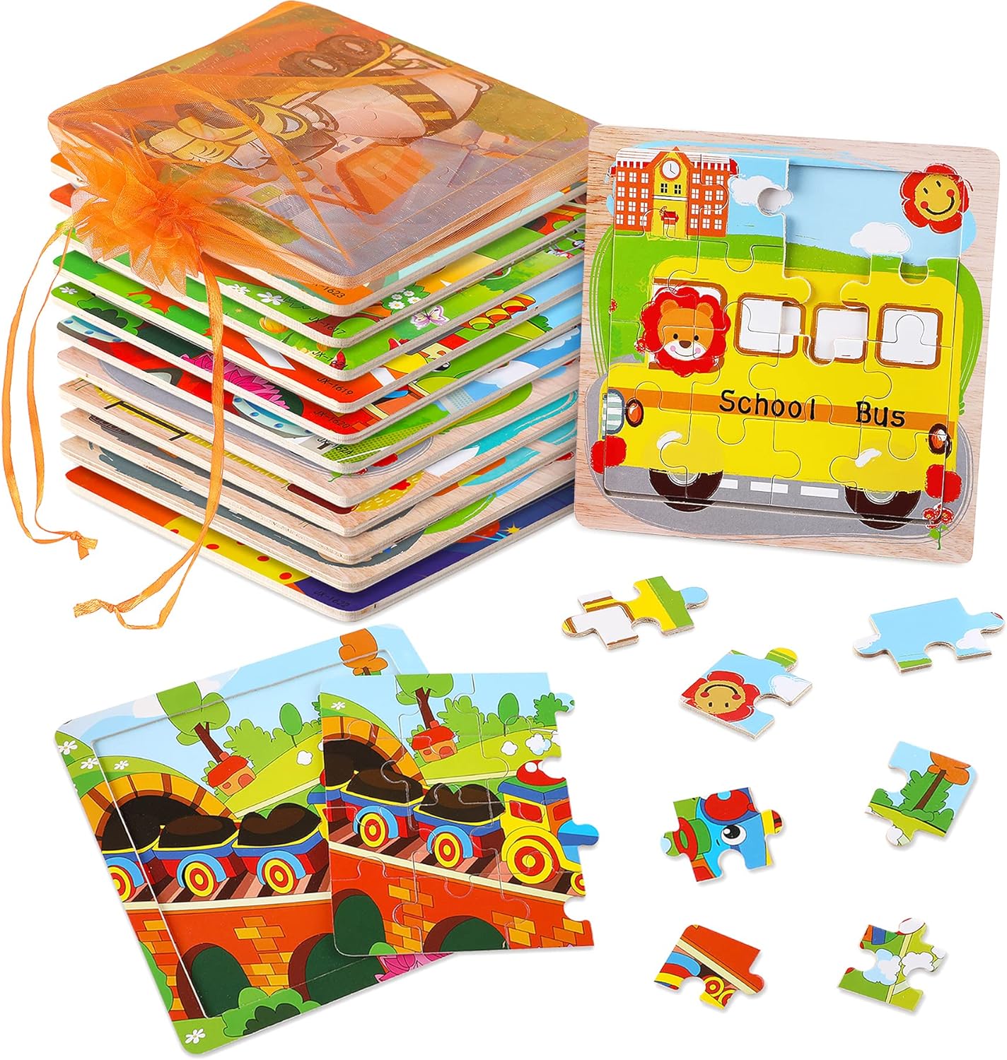 12 Pack Jigsaw Puzzles, Toddlers Wooden Animals, Jigsaw Puzzles 9 pcs, 12 Organize Bags for Kids, Ages 2 3 4 5 Preschool Educational Puzzles, Learning Travel Toys, Boys and Girls