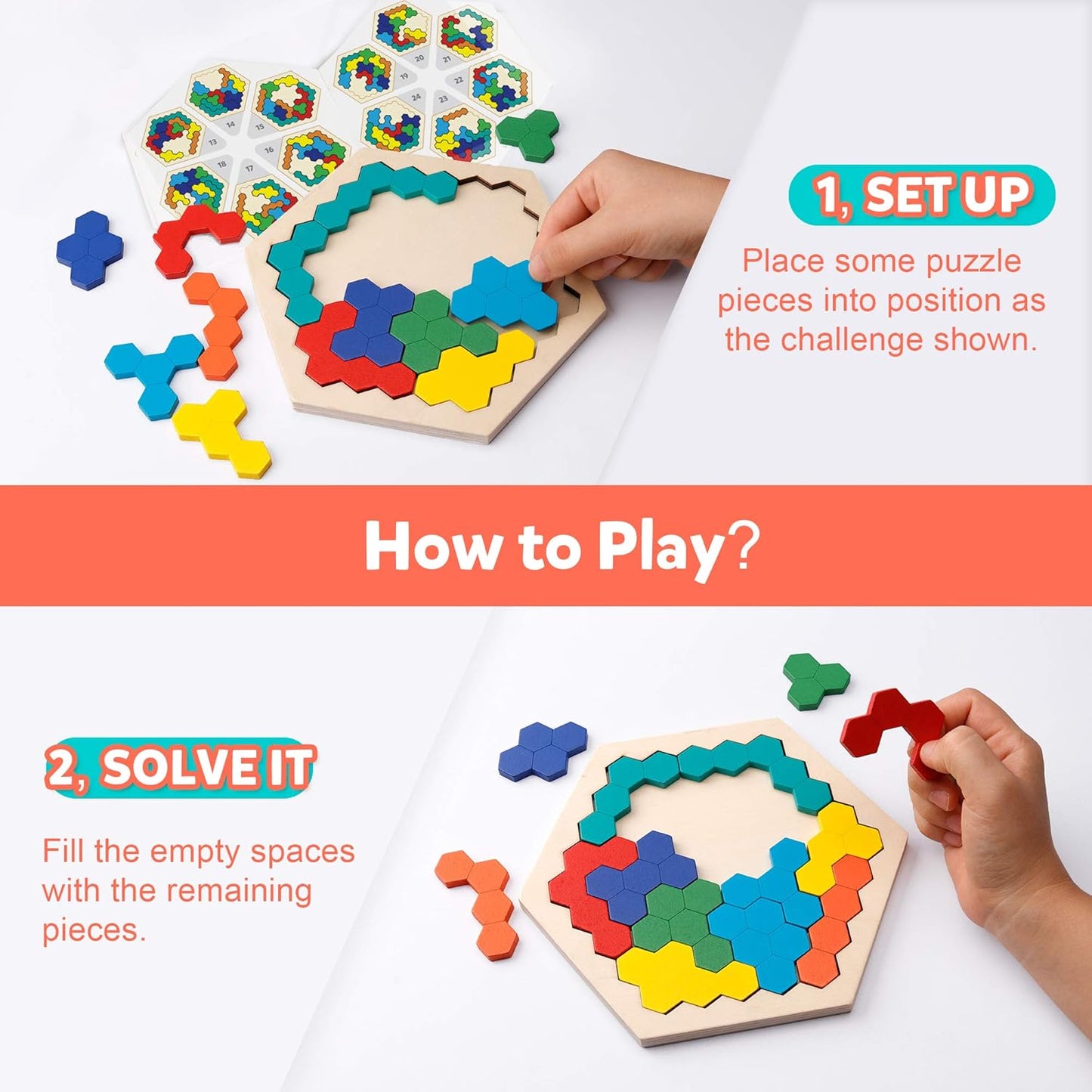 Wooden Hexagon Puzzle ? Shape and Pattern Block Brain Teaser for Kids and Adults, STEM Montessori Educational Gift, Geometry Logic IQ Game