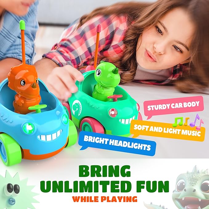 Remote Control Cars, 2 Pack Dinosaur Toddler Toys with Replaceable Dinosaur Drivers RC Cars LED Lights & Music Toys for Kids - Toyigo