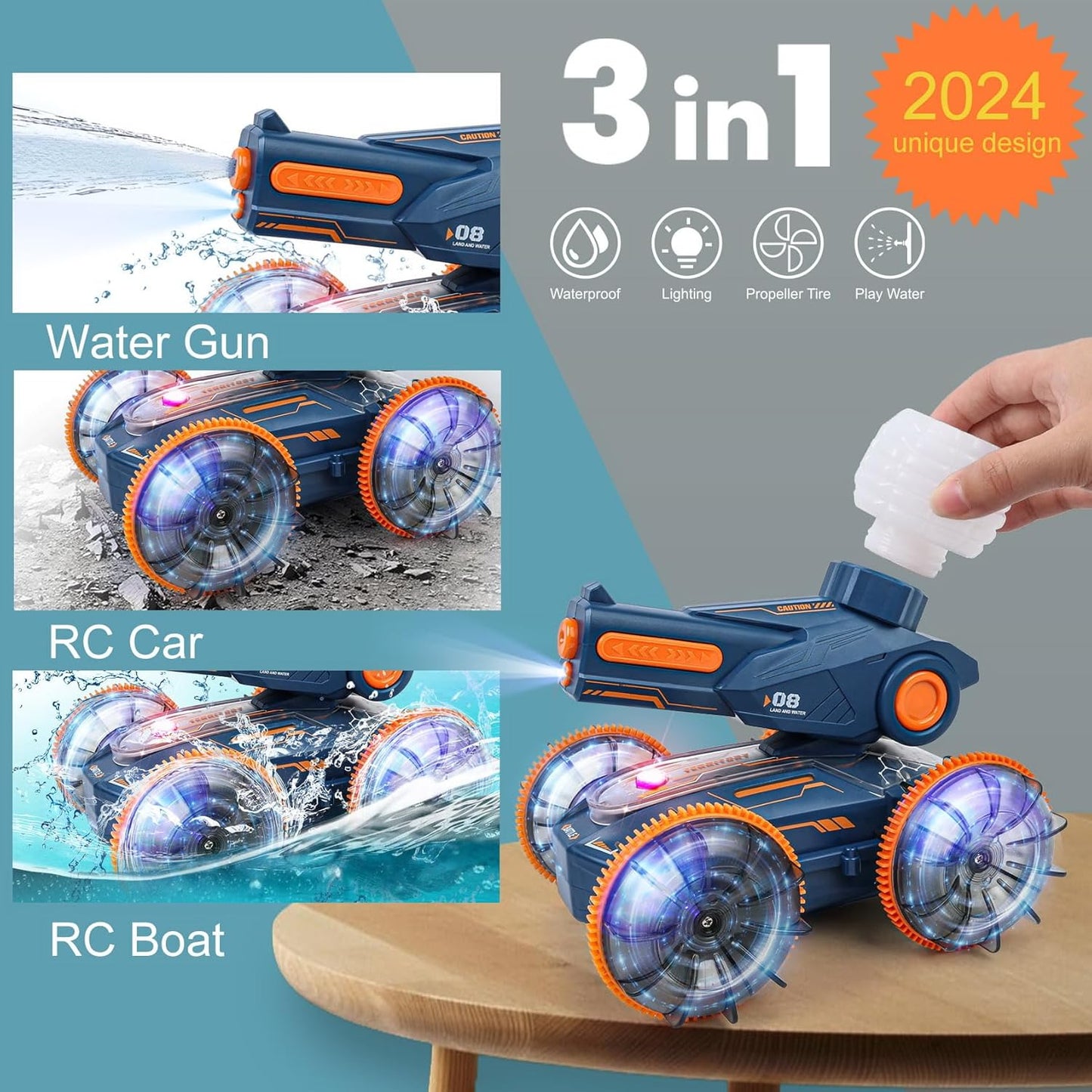 Amphibious RC Car Boat with Water Gun, Gesture Sensing, 4WD, 360ø Rotation - Fun for Kids 6+, Beach & Pool Toy