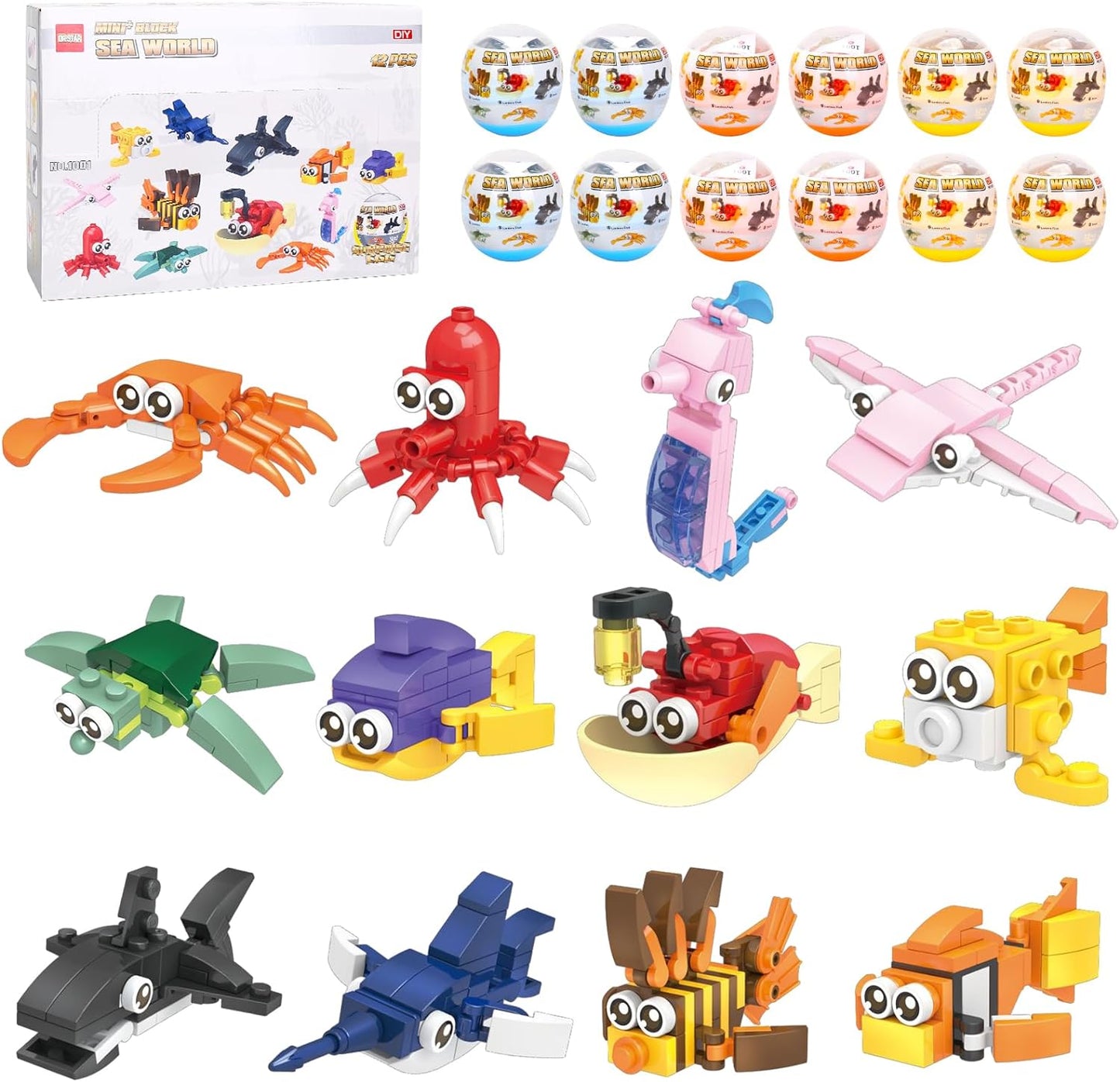 Animal Block Toys, 12PCS Mini Building Blocks Animal, Building Sets Stem Toys, Assorted Mini Animals Building Blocks Sets for Goodie Bags, Prize,Cake Topper, 12PCS Sea Animal Mini Building Blocks, Filled Eggs Toys, Classroom Prize Toys,Cake Topper