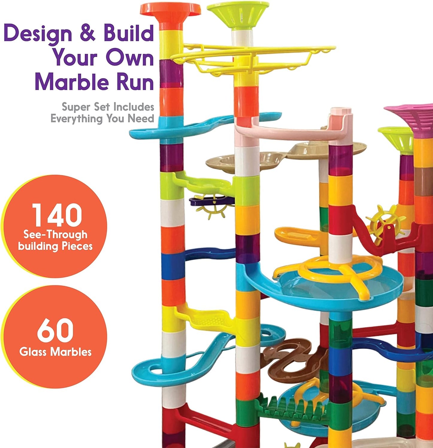 Marble Run, 200pc Building Set & Glow in The Dark Glass Marbles, Build Large Roller Coaster Tracks & Racing Circuit Runs,  STEM Toy Track Builder Kit, for Boys & Girls, for Kids Ages 8-12