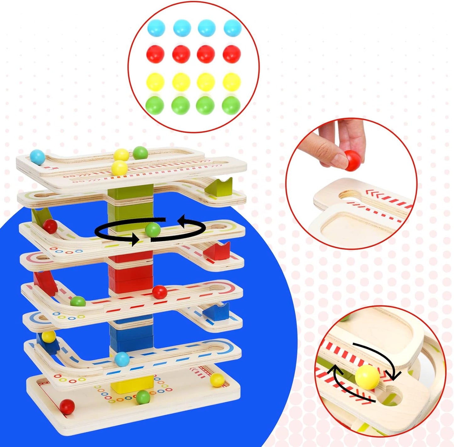 Educational Learning Toys, Wooden Marbles Run Ball Drop Toys, 8-Tier Rolling Tower Toys with 16 Balls Ramp Whirling Game Educational Learning Toys for Gifts 3 4 5 6 7 8 Years Toddler Boys Girls