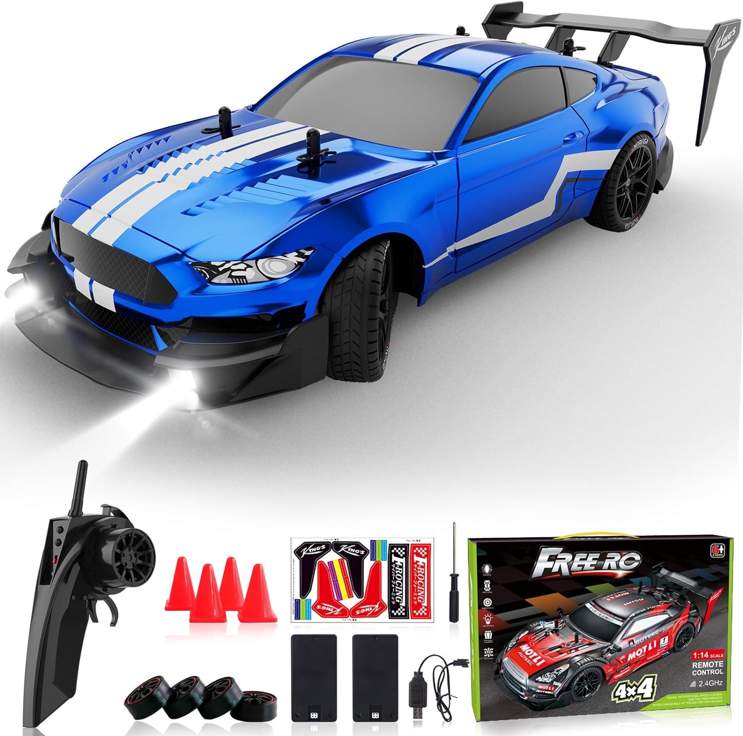 Remote Control Car, RC Drift Car,  1:16 Scale 4WD RC Car with LED Lights, 2.4GHz 30km/h RTR High Speed Racing Sport Toy Car, Adults Boys Girls Kids Gift 2Pcs Rechargeable Battery - Toyigo