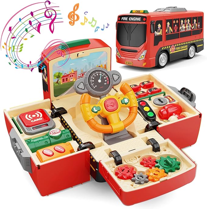 Bus Toy with Sound and Light, Simulation Steering Wheel Driving Toy, Toddlers Fire Truck Toy, with Sound and Light, Simulate a Rescue fire Scene,1-3-5 Boys & Girls Gift - Toyigo