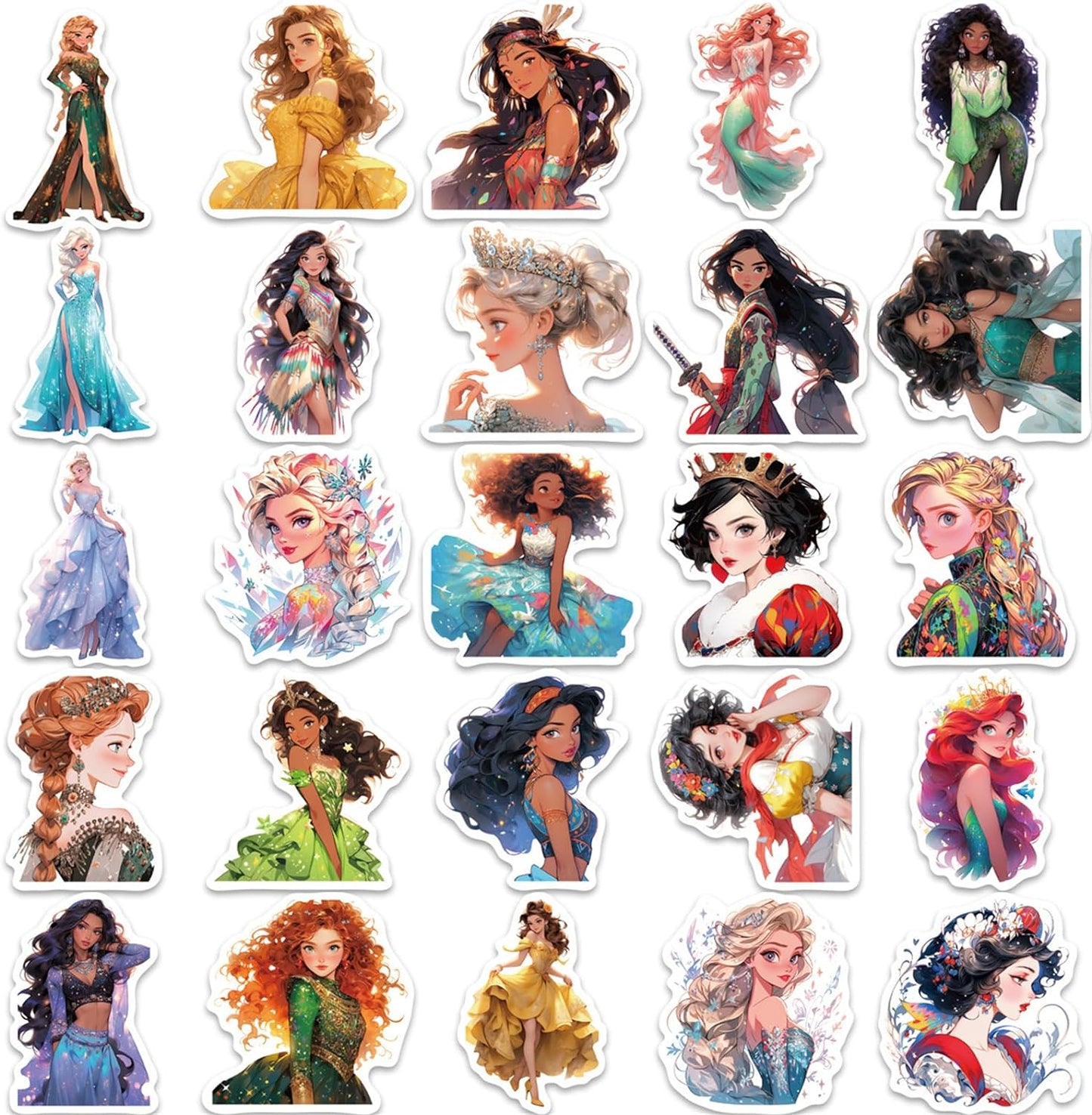 Princess Stickers, Cute Cartoon Characters Stickers 50PCS, Asverbet Movie Decal Children's Decorative Sticker for Water Bottles Laptop Luggage Phone for Kids Adults