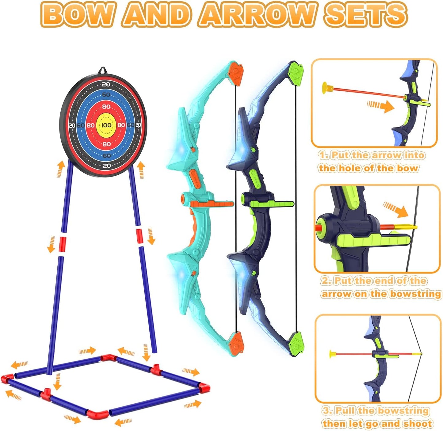 Bow and Arrow Set with LED Flash Lights, 2 Pack Kids 14 Suction Cup Arrows and Fluorescence Standing Target-Perfect Indoor and Outdoor Archery Set Toy Gift for Boys and Girls Ages 4-12