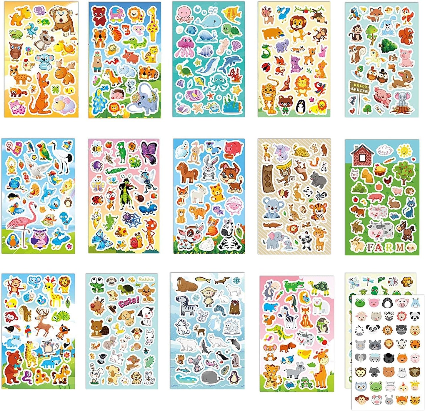 Animal Stickers Assortment Set, 8 Sheets (1800+ Count), 16 Themes Collection for Kids, Children, Teacher, Parent, Grandparent, School