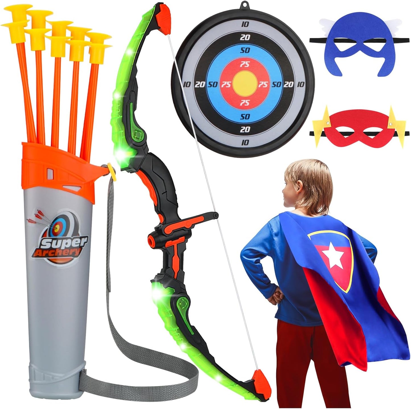 Kids Bow and Arrow Set, LED Light Up Archery Set, Princess Toys with Cape and Crown, 10 Suction Cup Arrows, Bow and Arrow, Indoor and Outdoor Kids Girl Toys for 3 4 5 6 7 8 Year Old