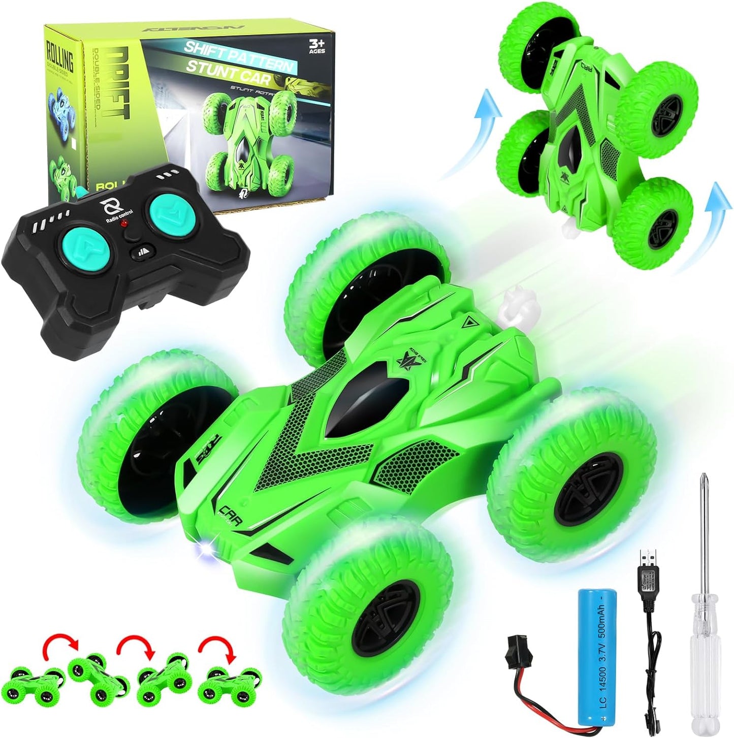 RC Stunt Cars, RC Cars with Lights, 4WD 2.4Ghz Double Sided 360ø Rotating RC Truck, RC Truck Cool Surprise for 6 Year Old Boy Gifts Kids Xmas Toy Cars for Boys Girls(Blue) - Toyigo