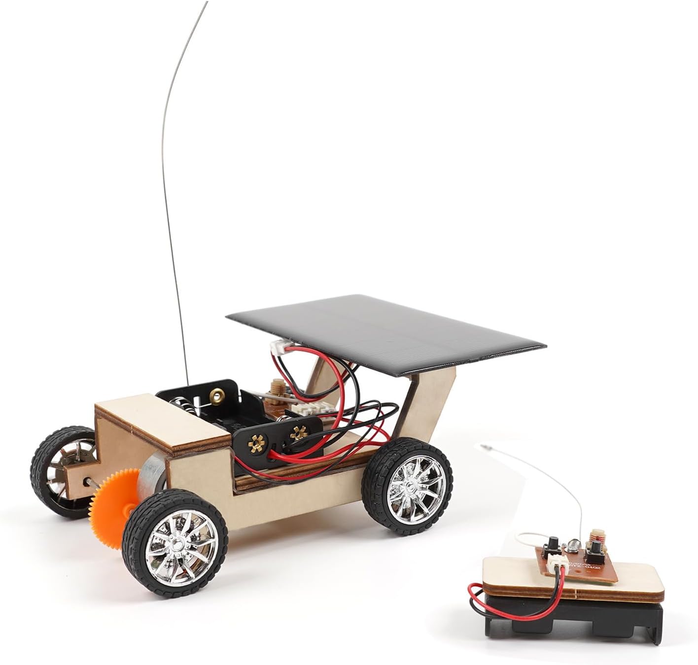 Solar-Powered Car V1, Wooden STEM Kit with Wireless Remote Control for Boys and Girls, Hybrid Powered by Solar Power and Batteries, Educational Motor Toy Gift for Kids Aged 8-12