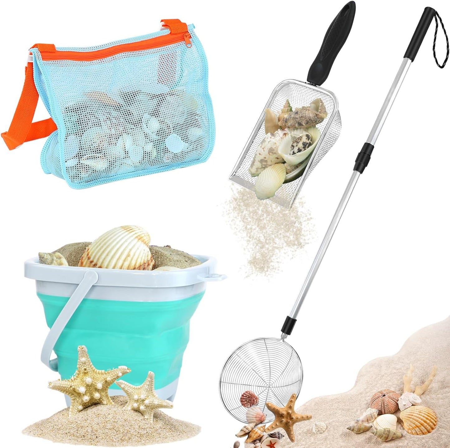 Shark Tooth Sifter, Beach Sand Sifter, Sea Shell Scooper for Beach, Shell Bags & Foldable Bucket, Sand Beach Toys for Kids 6 8 10 12